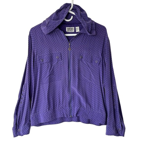 Chicos Design Silk Purple Polka Dot Zip Up Hooded Lightweight Jacket Size L (2) - Picture 1 of 14
